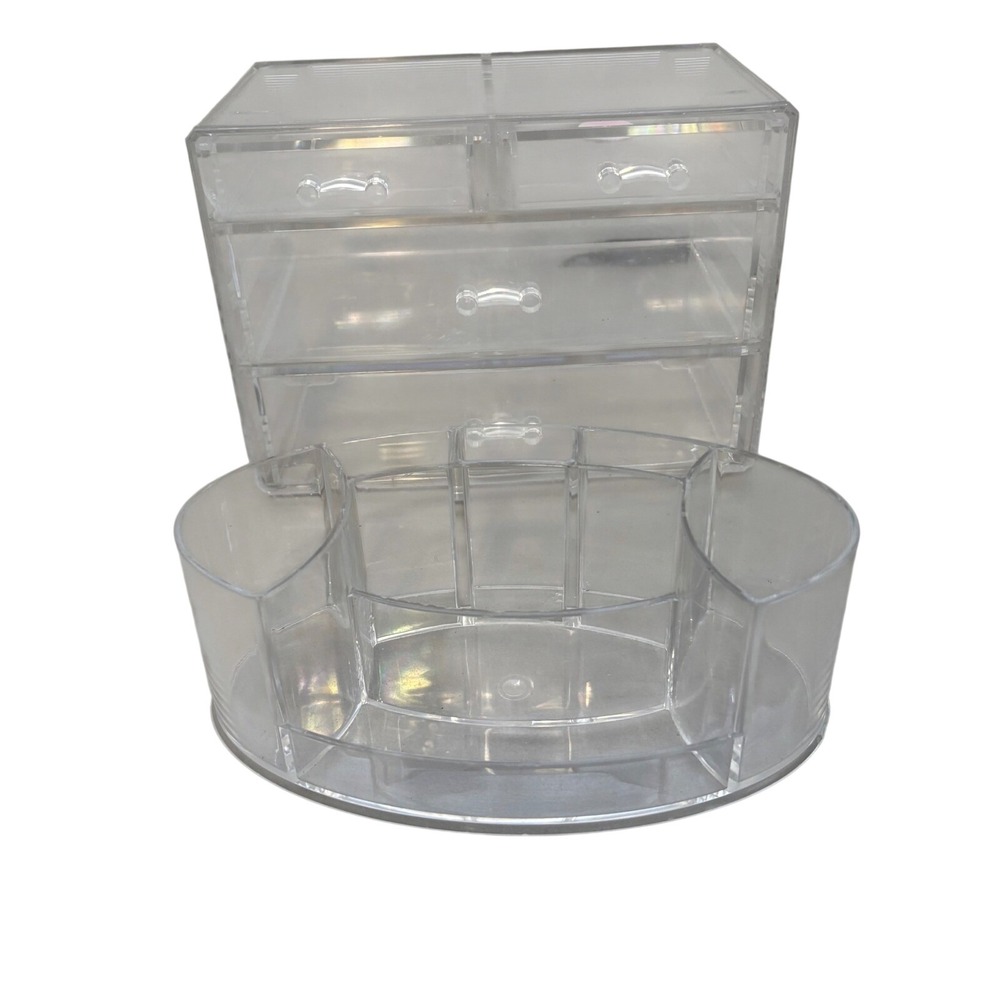 Clear Acrylic Makeup Organizer 4 Drawer Storage Case and Oval Cosmetic Caddy Set